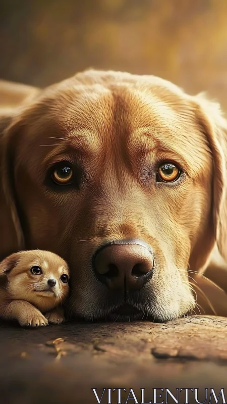 Close view of large dog with small puppy resting together.