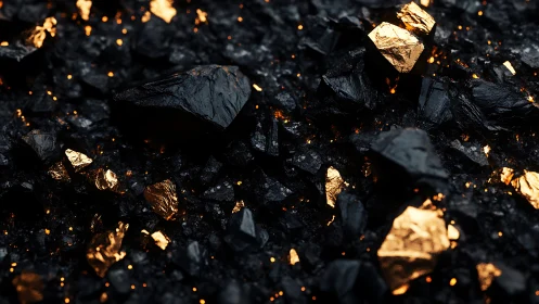 Photorealistic macro of black coal and luminous gold shards.