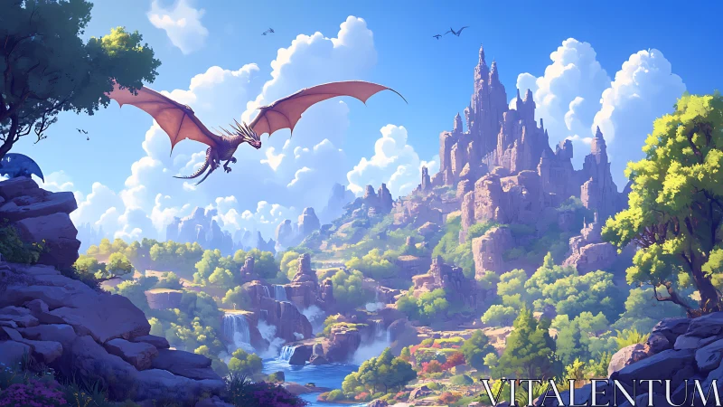 Sunlit dragon glides above cascading falls and spire citadel.