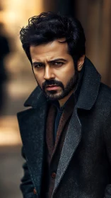 Brooding man in dark overcoat under warm street light.