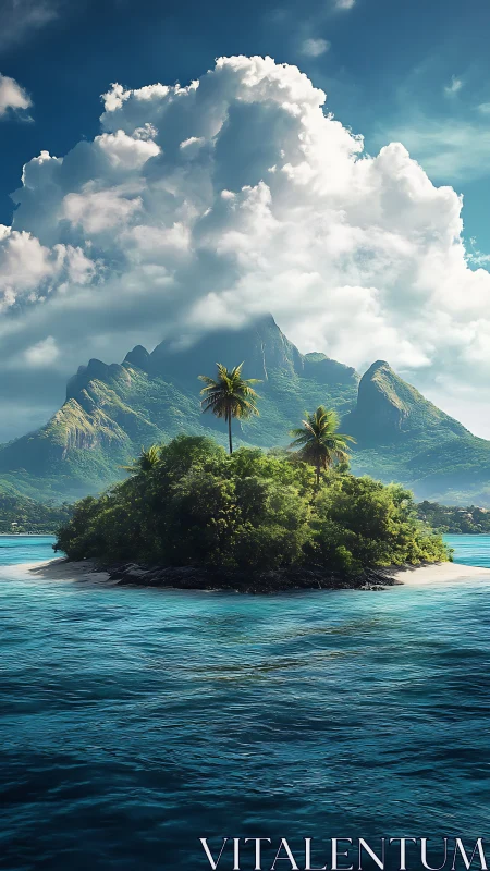 Tropical Island Paradise Beneath Towering Peaks.