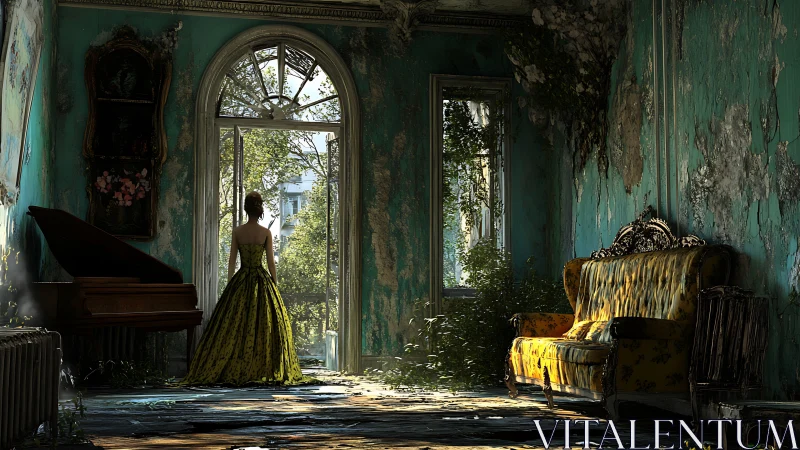 Woman in gown in decayed sunlit room with piano and sofa.
