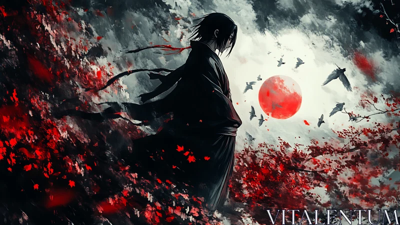 Lone wanderer beneath a crimson moon and storm of crows.