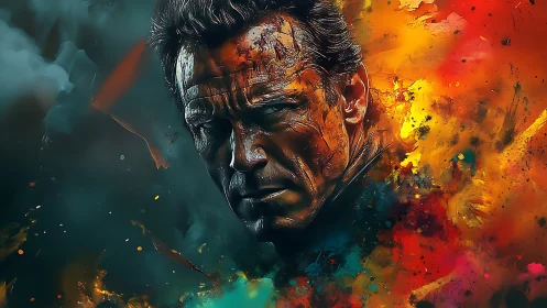 Intense male portrait amid abstract color explosion.