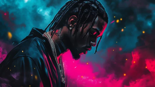 Moody neon portrait of a reflective musician in glowing color.