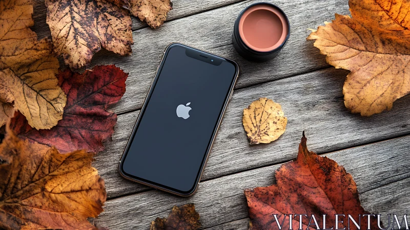 Black iPhone with Apple logo surrounded by autumn foliage and cosmetics on wood surface