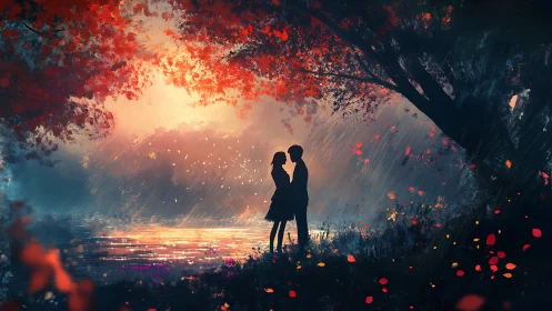 Silhouetted couple beneath glowing red canopy with reflected light
