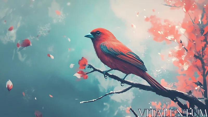 Scarlet songbird poised amid drifting petals in teal mist.