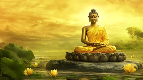 Golden Buddha statue meditates amid lotus-filled tranquil lake.
