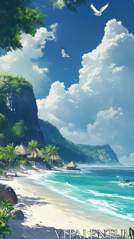 Tropical Paradise Beach. Coastal cliffs, turquoise waters, white doves.