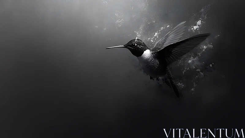 Monochrome hummingbird in partial profile against dark field.