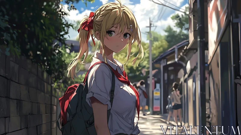 Sunlit anime schoolgirl pauses in narrow residential alley