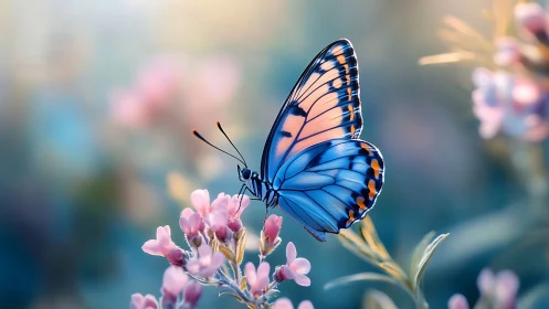 Blue butterfly rests on pink blossoms in dreamy garden light.