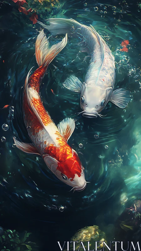 Koi twins carve luminous spirals through glassy teal water