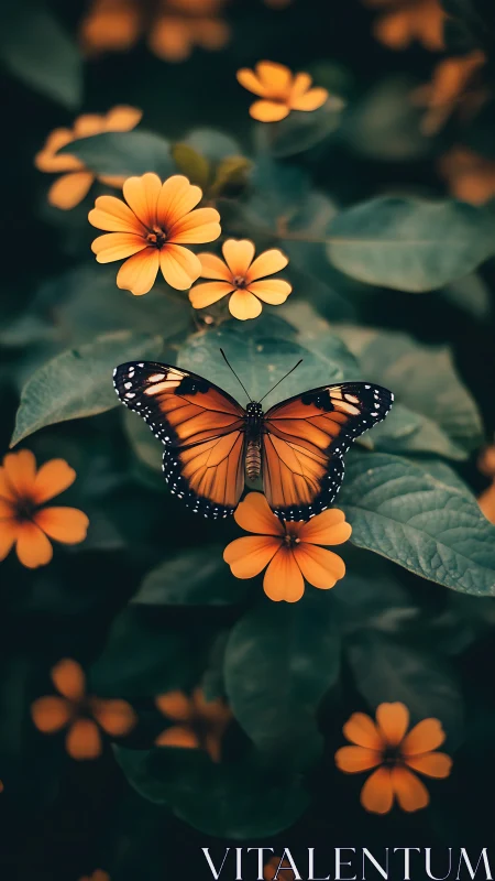 Monarch butterfly on orange blooms in moody shallow focus.
