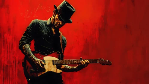 Brooding blues guitarist framed by vivid scarlet backdrop.