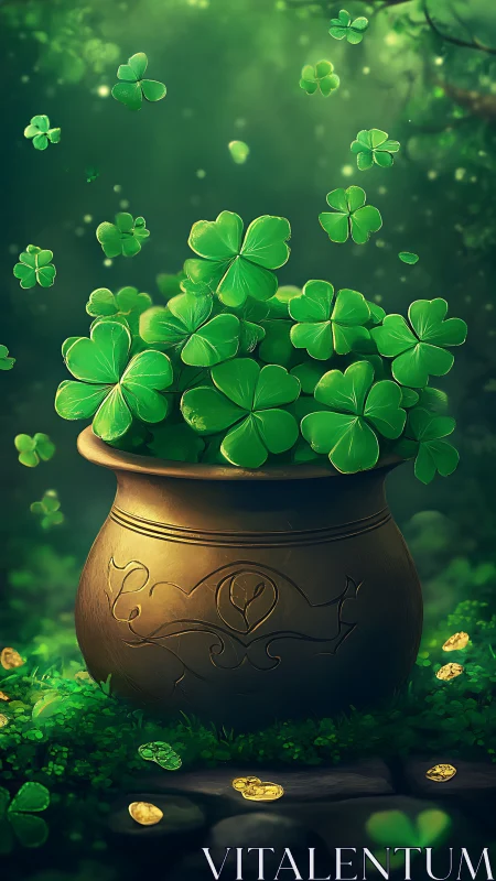 Overflowing clover pot glows softly in a magical forest