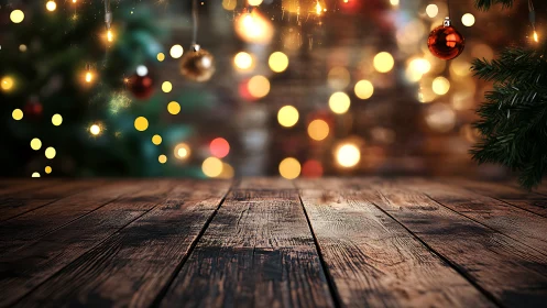 Rustic wooden table with blurred Christmas lights above.