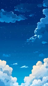 Starry cartoon sky glows above soft layered cumulus clouds