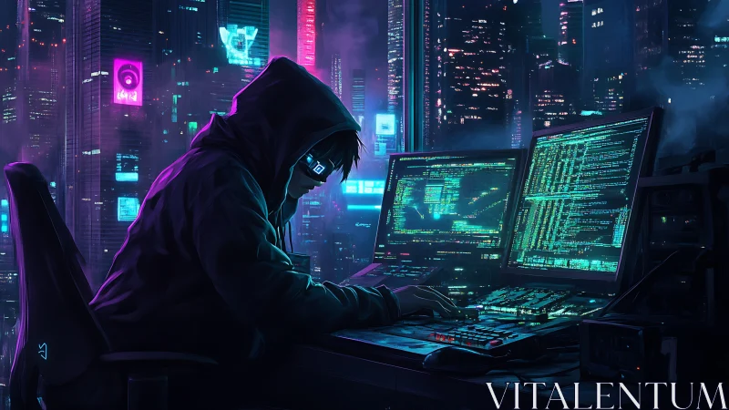 Neon-drenched hacker prowls code beneath a sleepless skyline.