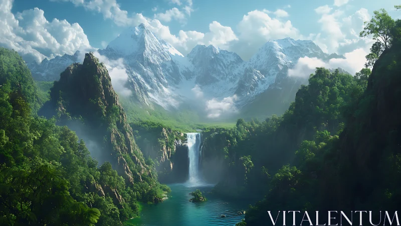 Peaceful mountain waterfall embraced by lush green valley.