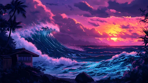 Digital seascape with large wave and sunset horizon view.
