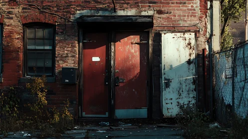 Weathered brick alley doors catch late afternoon slanting light
