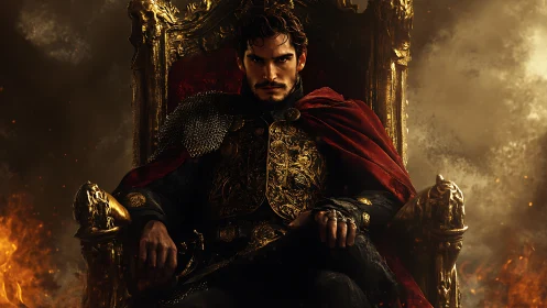 Dark fantasy warlord on burning golden throne in ruins.