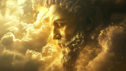 Luminous celestial profile of a mythic bearded titan in clouds.