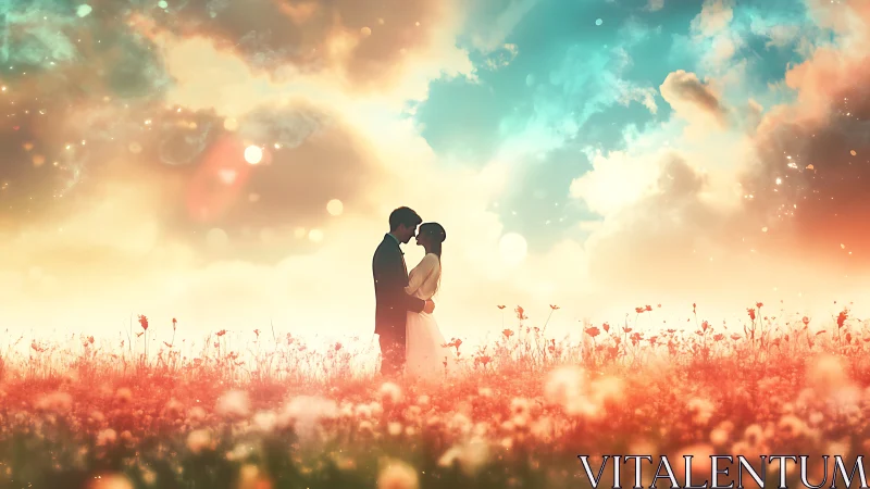 Silhouetted Couple Embracing in Efflorescent Wildflower Field.