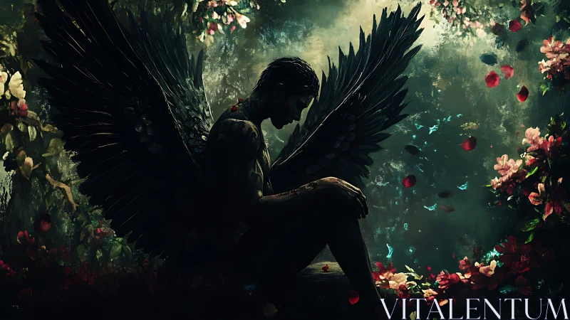 Fallen dark angel rests in shadowed forest of drifting petals