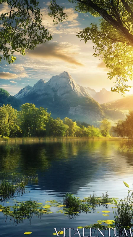 Sunlit alpine lake with reflective water and distant peaks.