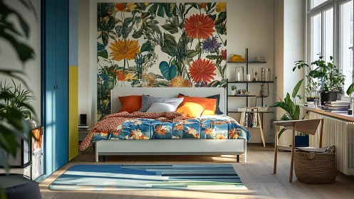 Colorful modern bedroom showcases bold floral accent wall