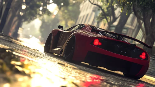 Red sports car on wet urban street in soft daylight.