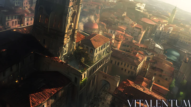 Sunlit rooftops drift through a dream of old riverside stone