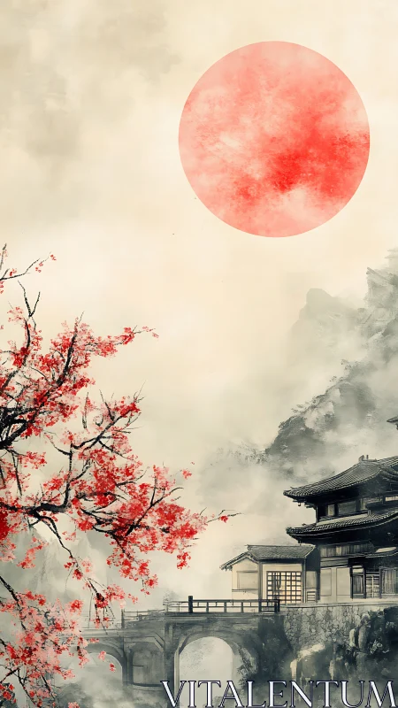 Red sun over traditional riverside house with cherry blossoms