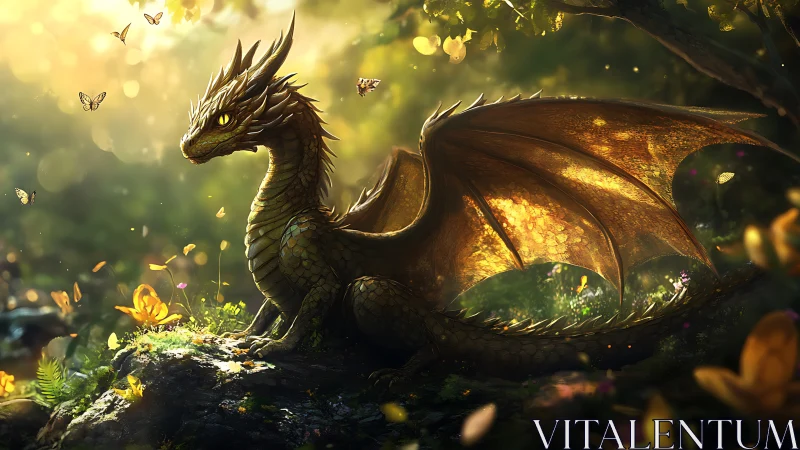 Golden forest dragon resting amid sunlit butterflies.