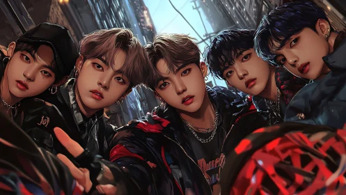 Urban alley portrait of stylized youth ensemble, low-angle focus.