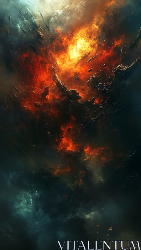 Celestial firestorm erupts within a dark cosmic nebula.