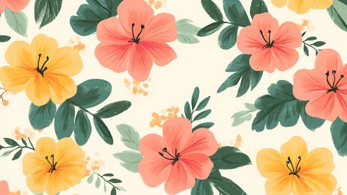 Botanical Floral Pattern with Coral and Yellow Blooms.