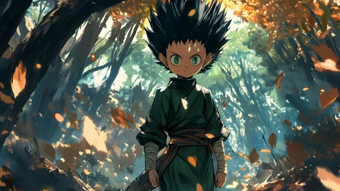 Anime child with spiky hair standing in sunlit forest path.