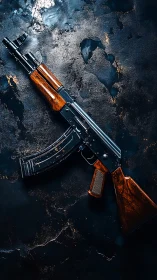 Kalashnikov-style rifle on dark textured metal surface.