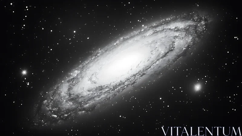 Inclined spiral galaxy core with luminous stellar halo field.