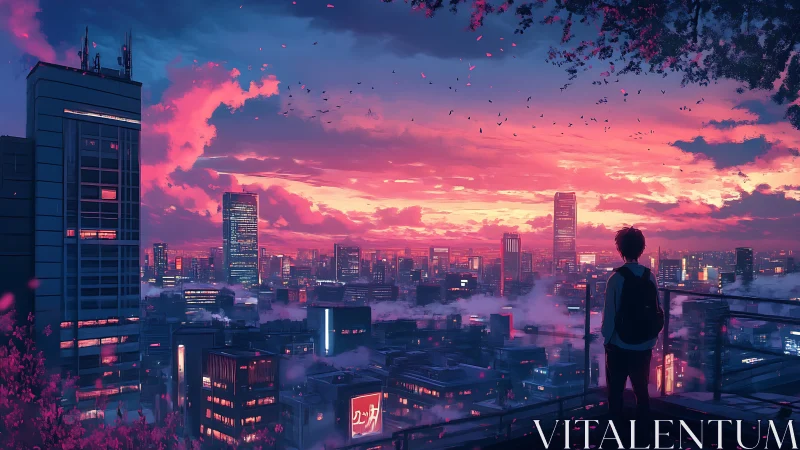 Quiet rooftop sunset over a neon city of soft colors.
