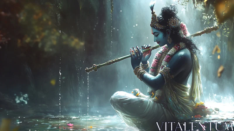 Blue-skinned figure plays flute beside waterfall pool