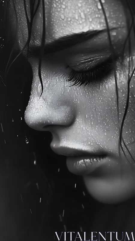 Close-up monochrome portrait of wet female face profile.