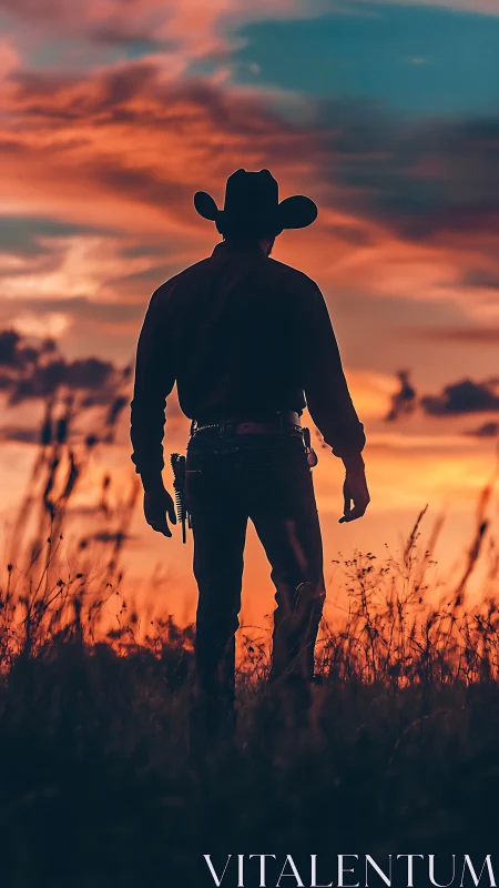 Silhouetted cowboy figure against vivid sunset sky.