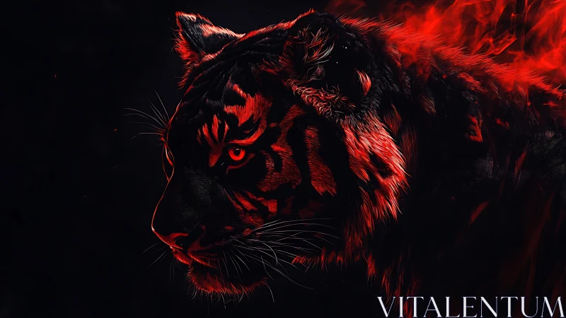 Crimson-lit tiger profile rendered in dramatic digital chiaroscuro.
