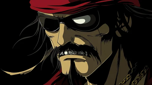 Intense anime pirate closeup with bandana and sunglasses.