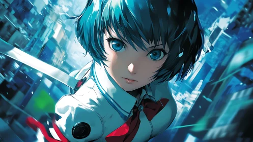 Dynamic blue haired anime heroine in tilted urban skyline